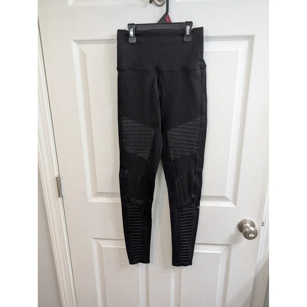 Alo Yoga Moto Leggings Womens Black High Waist Quilted Panels - Size XS